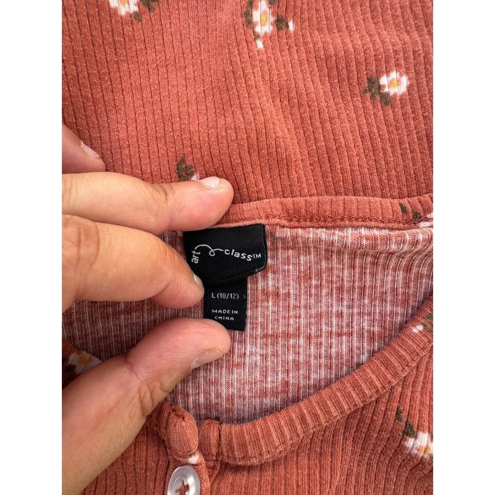Art Class Girls Rust Orange Floral Ribbed Henley Top Lettuce‎ Trim L 10/12